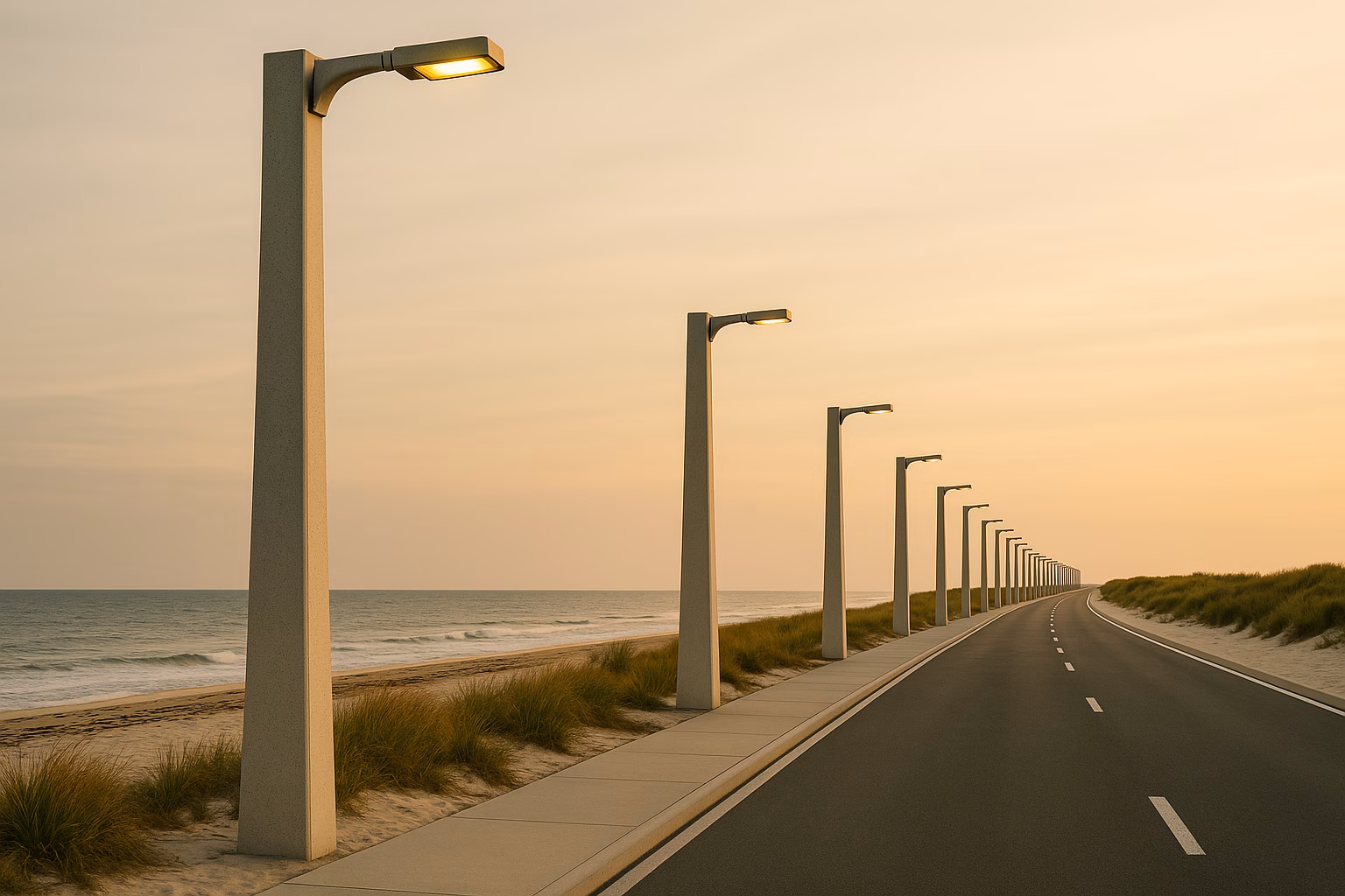 Square-tapered concrete light poles along a coastal road in Florida during golden hour.