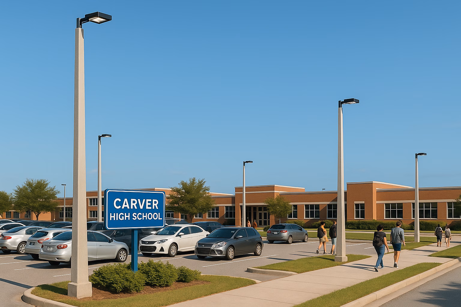 School campus in Florida with square-tapered concrete light poles enhancing safety and visibility.