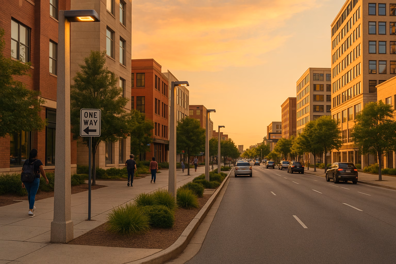 Realistic image of concrete light poles in a southern U.S. city during golden hour, enhancing urban safety.