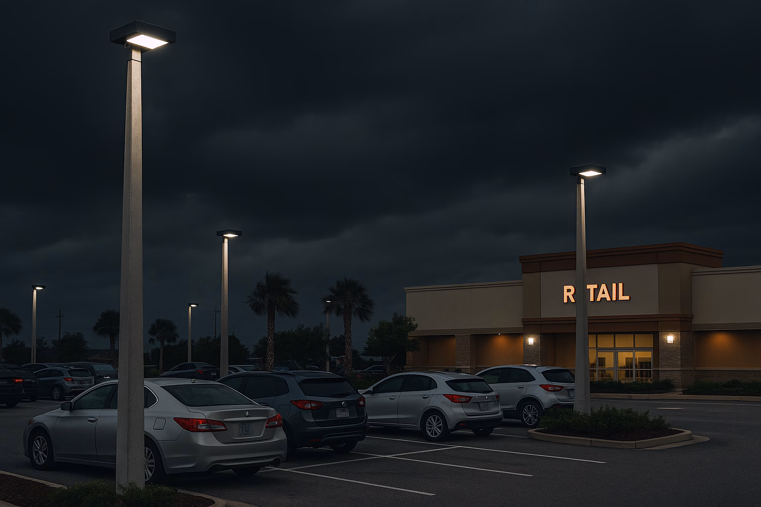 A stormy Florida parking lot illuminated by square-tapered concrete light poles with LED fixtures, emphasizing durability and safety under dark, hurricane-like skies.