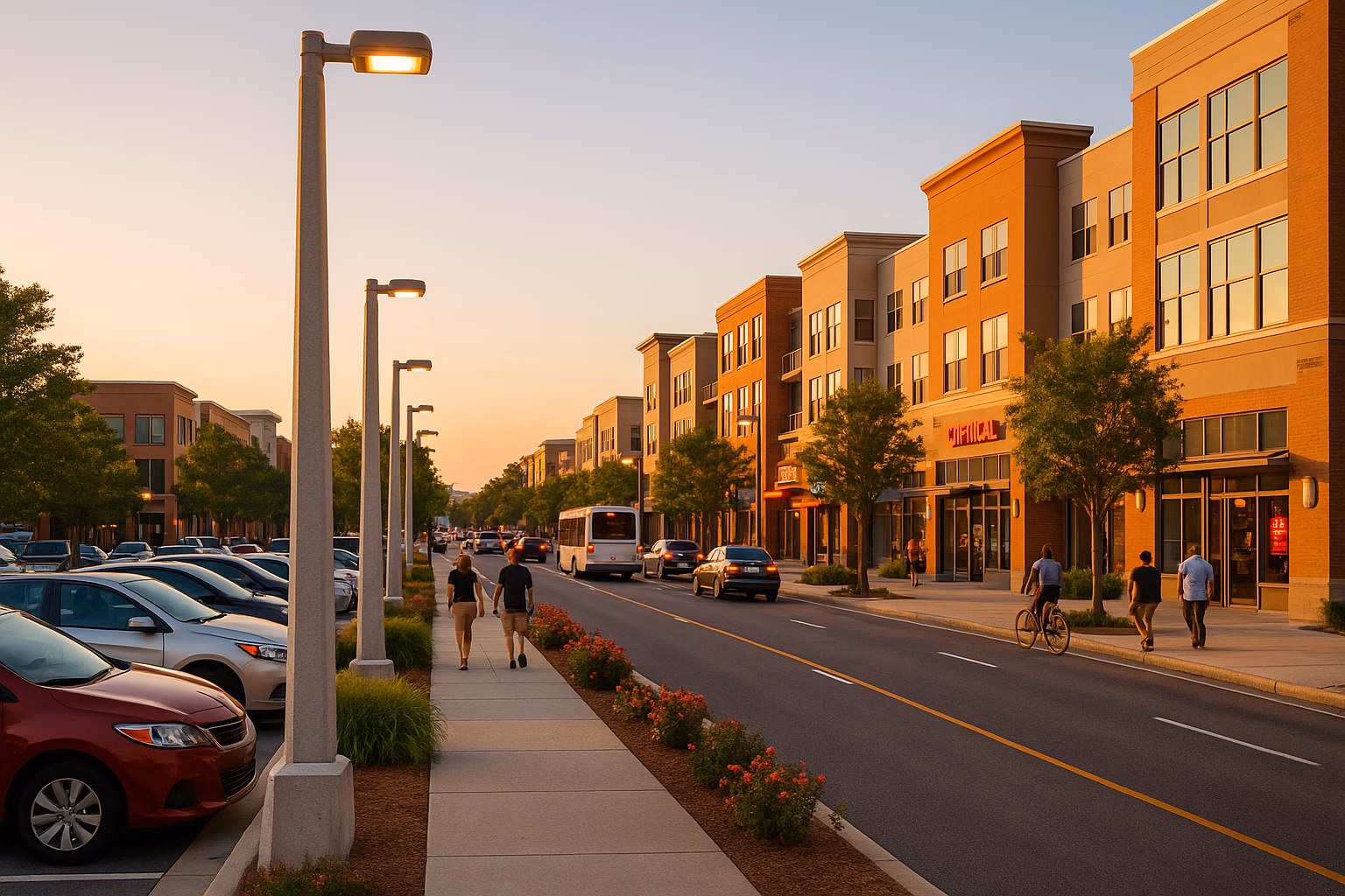 Urban street scene with square-tapered concrete light poles casting warm LED light, enhancing visibility and safety.
