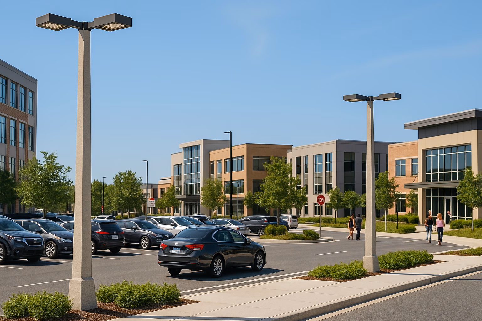 Modern parking lot with square-tapered spec grade concrete light poles and LED fixtures.